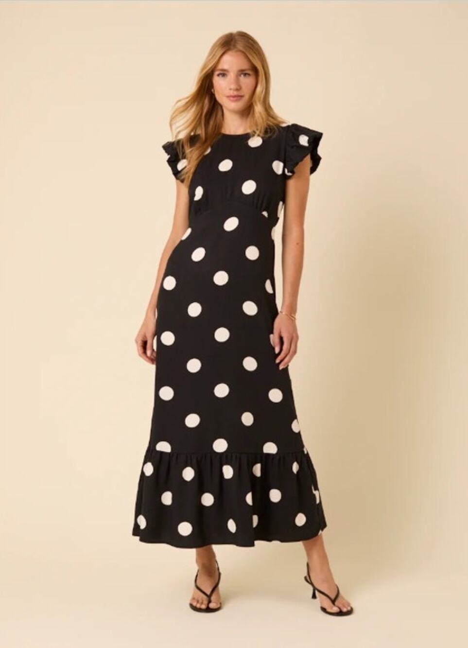 Nobody's Child Black Polka Dot Frill Sleeve Clara Midi Dress Boho Party Preppy
